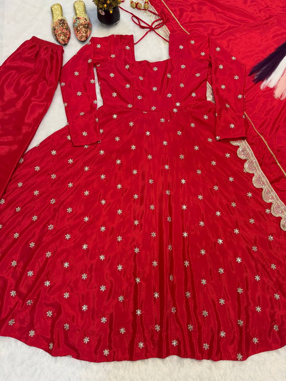 Radiant Crimson Red Flared Anarkali Suit Set Adorned with Delicate Silver Starburst Motifs and an Ornate Scalloped Dupatta